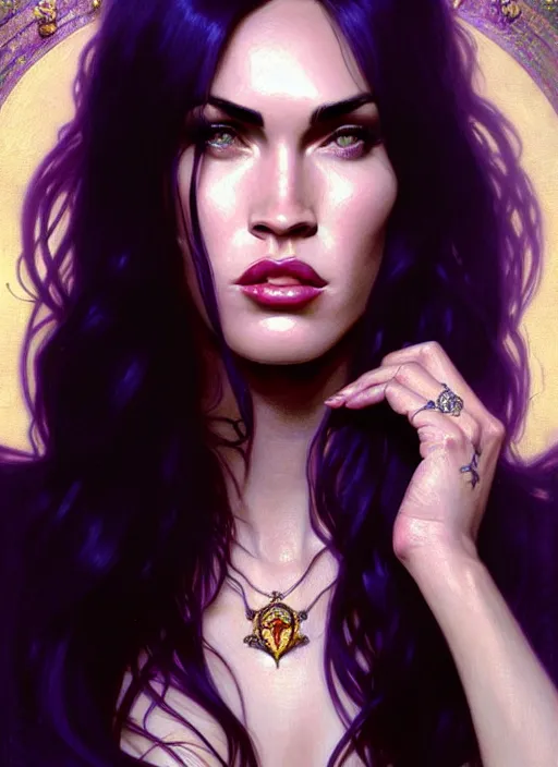 Image similar to portrait of megan fox as a vampire queen, jewelry, greek, purple, intricate, headshot, highly detailed, digital painting, artstation, concept art, sharp focus, cinematic lighting, illustration, art by artgerm and greg rutkowski, alphonse mucha, cgsociety