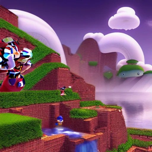 Prompt: an amazing landscape from the world of super mario 4 k, vray,