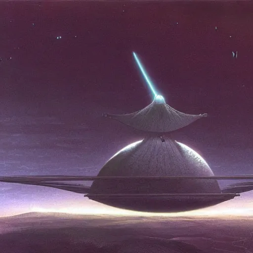 Image similar to large spaceship orbiting over a alien planet, volumetric light from nearby star, style by caspar david friedrich and wayne barlowe and ted nasmith.