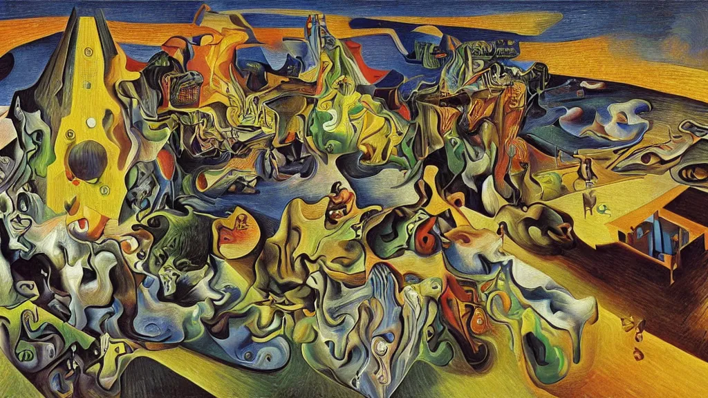 Prompt: unholy gathering, 4K, Futurism & Precisionism, colorized, by collaboration of Salvador Dali, Van Gogh and M. C. Escher