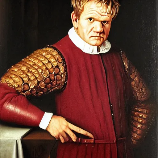 Image similar to portrait of gordon ramsay, oil painting by jan van eyck, northern renaissance art, oil on canvas, wet - on - wet technique, realistic, expressive emotions, intricate textures, illusionistic detail