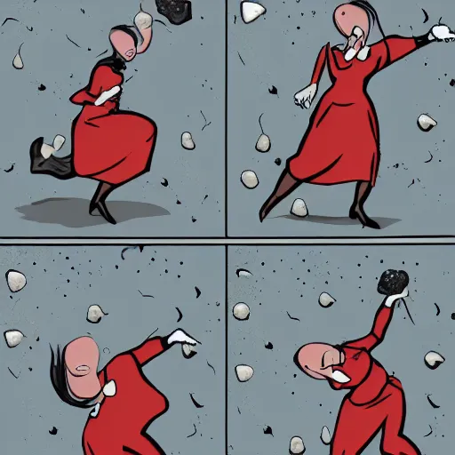 Image similar to morbid woman throwing rocks action sequence