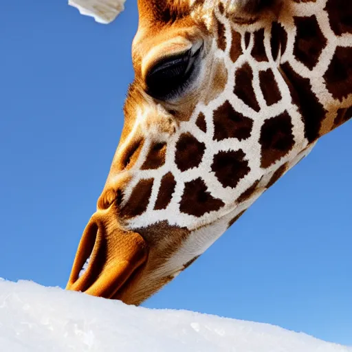 Image similar to a giraffe inhales a pile of snow into hit nostril, island background, photorealistic, 4 k