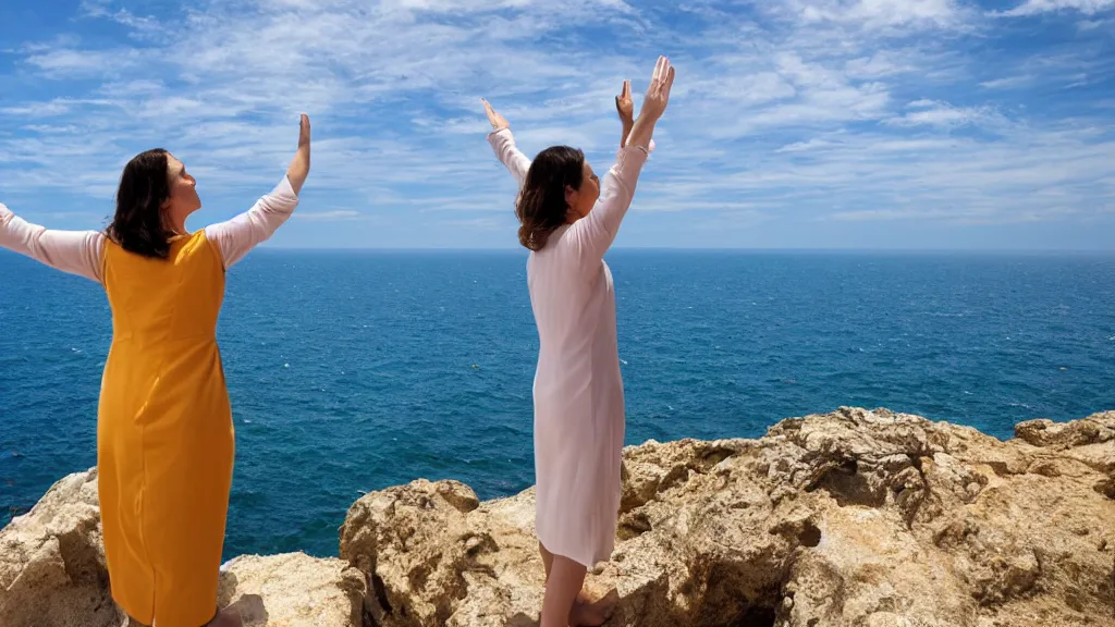 Image similar to adult woman standing on the cliff's end raising hand and praising at the sun, by guillermo lorca