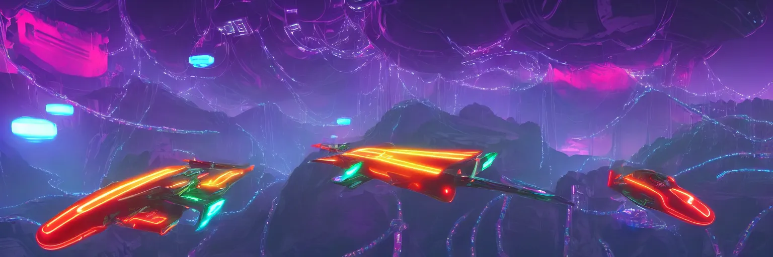 Prompt: f - zero, ships, tron in the mountain with neon light futuristic hyper realistic cinematic view of floating castle hanging by chains in the air, in between a gorge, below only cloud dark void, structured by chains and cables on base, soap bubble, 8 k resolution