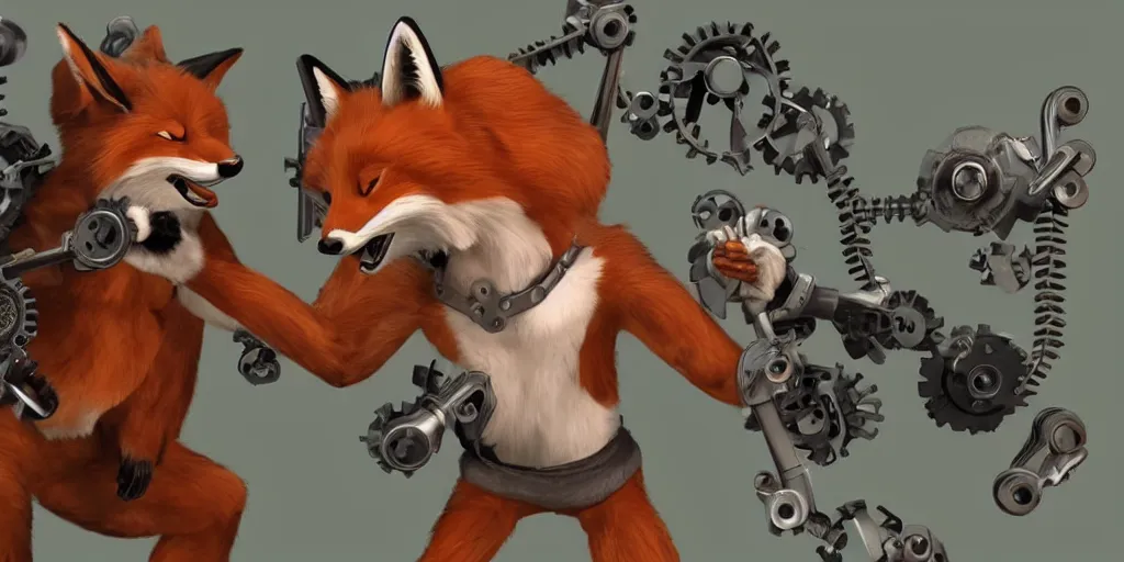 Image similar to anthropomorphic fox fighting a mechanical monster