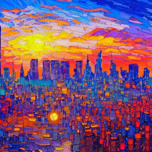 Prompt: a painting of a sunset over a cityscape with buildings in the background, an oil painting by erin hanson and stanton macdonald wright, deviantart, american impressionism, rich color palette, impressionism, fauvism, cgsociety, lyrical abstraction, cityscape, dystopian art