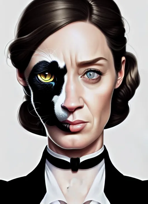 Image similar to portrait of a cat eyed emily blunt as business woman, black suit, white shirt, black tie, intricate, headshot, highly detailed, digital painting, artstation, concept art, sharp focus, cinematic lighting, illustration, art by artgerm and greg rutkowski, alphonse mucha, cgsociety