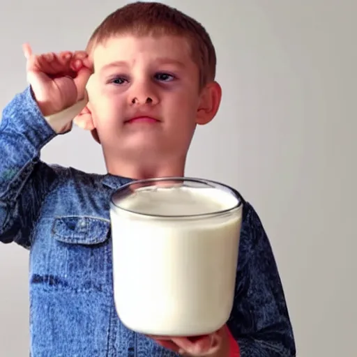 Image similar to milk commercial, kid is holding a comically huge vessel of milk and failing to drink it