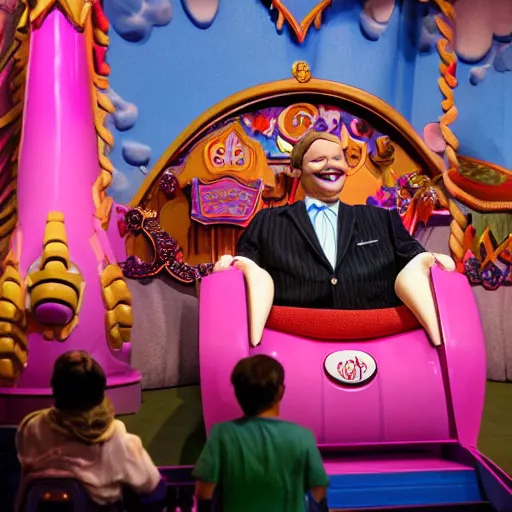 Prompt: a six year old child puppet in a wheelchair in the its a small world ride in real life that looks exactly like greg abbott the governor of texas, highly detailed, high definition, ultra realistic