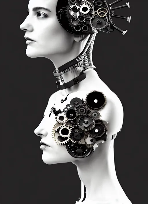 Image similar to black and white dreamy foggy profile face portrait, one steampunk eye biomechanical beautiful young female cyborg - robot, body ribs meshes, big monocular, volumetric light, hibiscus flowers, by hg giger, rim light, by dora maar and cecile beaton, big gothic fashion pearl embroidered collar, 8 k