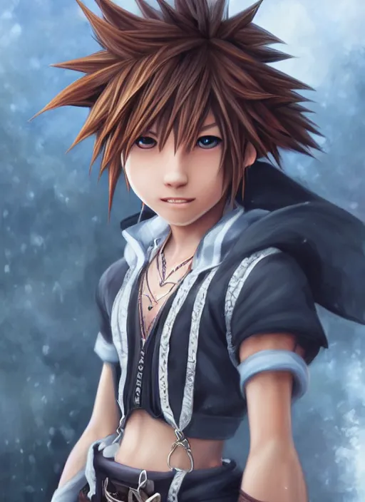 Image similar to realistic portrait painting of sora from kingdom hearts, old mystic ruins, afternoon, intricate, elegant, highly detailed, digital painting, sharp, focus, by artgerm and greg rutkowski