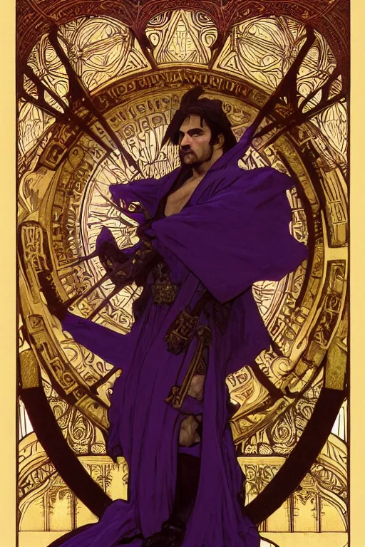 Image similar to tarot card, half - body, the devil, demon male, black and purple robes, beautiful, medieval, super detailed, ornate, by alphonse mucha, craig mullins, greg rutkowski, symmetry, 8 k, sharp focus