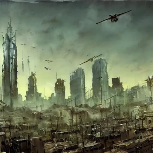 Image similar to post apocalyptic painting of city 1 7 from half - life 2. the citadel is shown towering over the city. highly detailed. painting by esao andrews