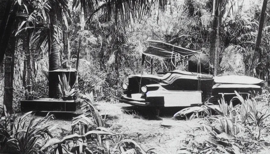 Prompt: lost film footage of a sacred ready - made object in the middle of the ( ( ( ( ( ( ( ( ( tropical jungle ) ) ) ) ) ) ) ) ) / film still / cinematic / enhanced / 1 9 0 0 s / black and white / grain