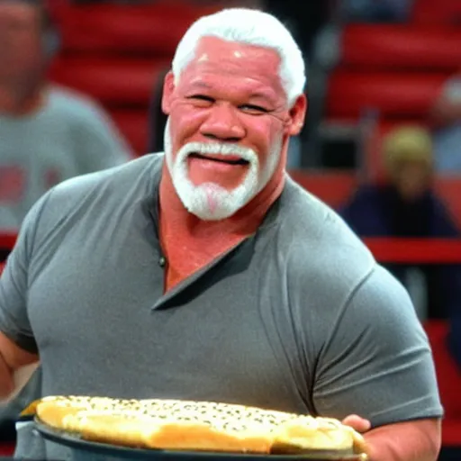 Prompt: wrestling superstar Scott Steiner enjoying cheeseburgers in a hockey arena