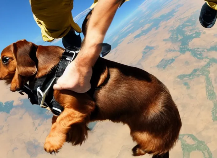 Image similar to brown dauchshund skydiving in a jumpsuit