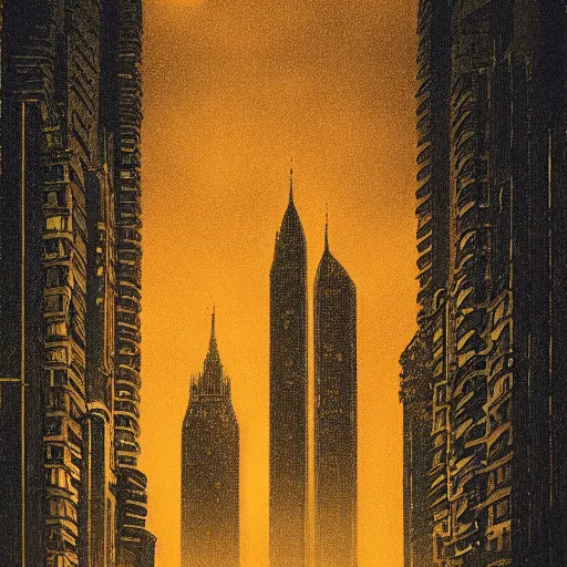 Image similar to Print. A beautiful, but eerie, illustration of a cityscape at night. The buildings are all tall and thin, and they are lit up by a strange light. The sky is deep and dark and there are no stars to be seen. DayGlo orange, ivory by Anne Geddes ghastly