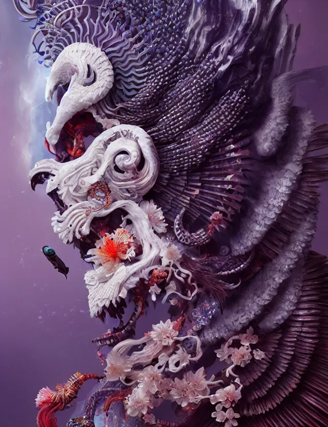 Image similar to 3 d goddess of hell close - up profile portrait with ram skull. beautiful intricately detailed japanese crow kitsune mask and clasical japanese kimono. betta fish, jellyfish phoenix, bio luminescent, plasma, ice, water, wind, creature, artwork by tooth wu and wlop and beeple and greg rutkowski