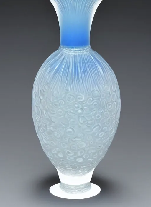 Image similar to Vase in the shape of a mushroom, with blue accents, designed by Rene Lalique