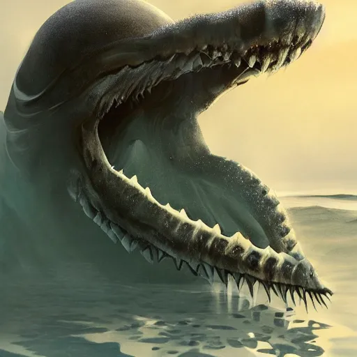 Image similar to terrifying sea creature, big teeth, ominous, scary, horror, realistic, digital art, photorealism, trending on artstation