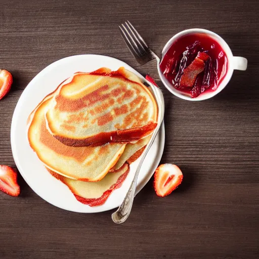 Image similar to food photography of pancakes and bacon, award winning, 8 k, ultrahd, hd, studio lighting, dof, bokeh