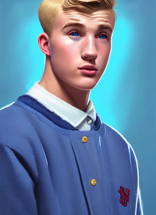 Image similar to portrait of a high school senior boy named moose mason, blonde short hair, jock, beefy, square jaw, square facial structure, 1 9 5 0 s, blue varsity jacket, intricate, elegant, glowing lights, highly detailed, digital painting, artstation, concept art, smooth, sharp focus, illustration, art by wlop, mars ravelo and greg rutkowski