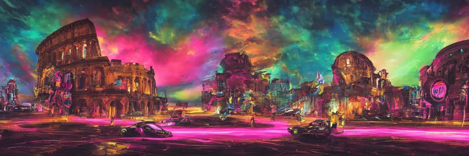 Prompt: oil painting, the middle view, spase dogs and punks running with neon mohawks, space, dark, stars, pink, pirate neon ship with punks on board, neon, rich deep colors masterpiece, ultra detailed, contrast, lots of roman arches, clouds, sky, volumetric light, atmospheric lighting, dramatic, cinematic, moody, octane render 4 k, 8 k