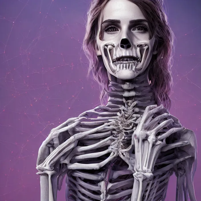 Image similar to portrait of skeleton as a Emma Watson. intricate abstract. intricate artwork. nightmare fuel. by Tooth Wu, wlop, beeple, dan mumford. octane render, trending on artstation, greg rutkowski very coherent symmetrical artwork. cinematic, hyper realism, high detail, octane render, 8k, iridescent accents