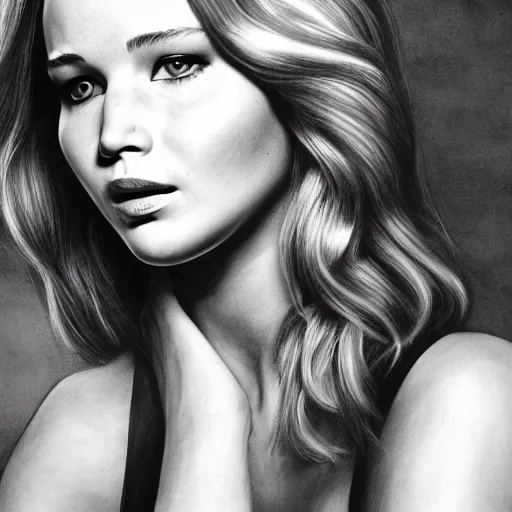 Image similar to Jennifer Lawrence, head and shoulders portrait, extremely detailed masterpiece, one single continues line.