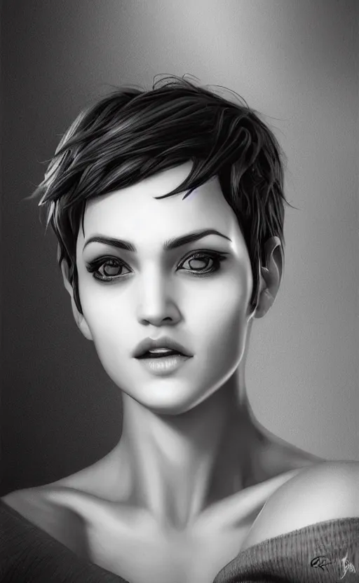 Image similar to up close portrait of a beautiful woman in black and white, photorealistic, pixie cut, intricate hair, rule of thirds, art by diego fazio and diegoKoi and oscar Ukono, concept art, sharp focus, artgerm, 8k highly detailed