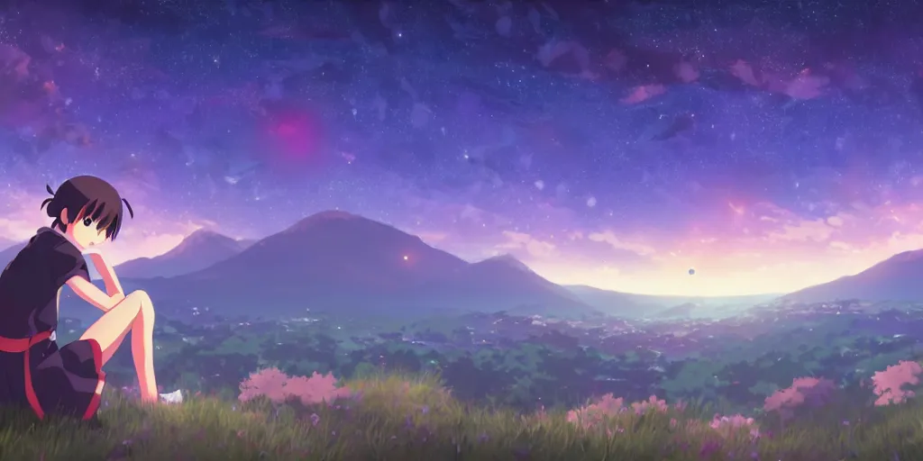 Prompt: a schoolgirl girl sat on the hillside and looked at the stars in the night sky, midnight, spectacular milky way, shining meteor, official media, anime key visual, detailed, artwork by makoto shinkai. - h 5 7 6