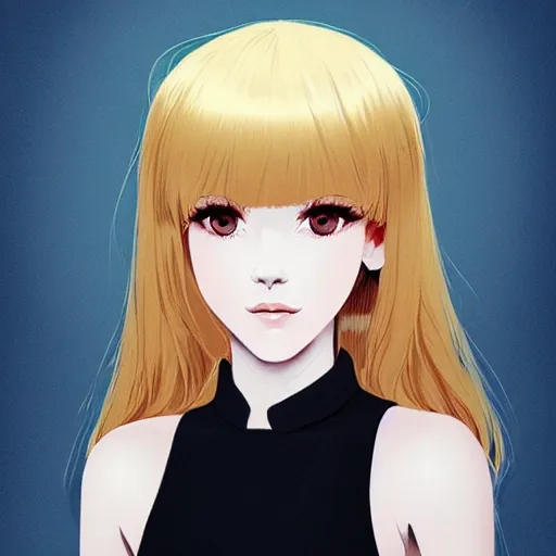 Image similar to portrait by ilya kuvshinov of a beautiful blonde girl playing chess at a table, slight smile, symmetrical face, trending on pixiv, fhd, detailed, subdued color palette