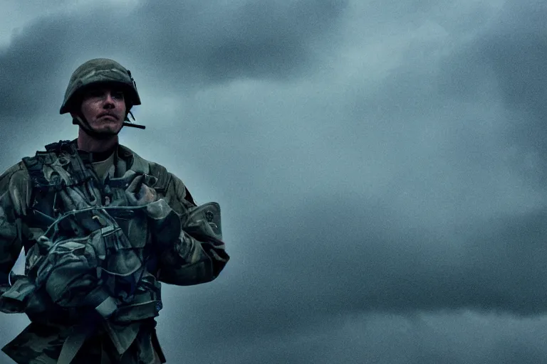 Image similar to a cinematic headshot photograph of a soldier, stormy weather, smokey, film still, cinematic, dramatic lighting, blue color theme, by zack snyder