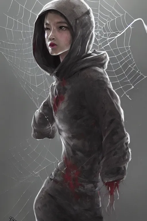 Image similar to A portrait of a female spider wearing a cute hoody by Greg Rutkowski, Sung Choi, Mitchell Mohrhauser, Maciej Kuciara, Johnson Ting, Maxim Verehin, Peter Konig, Resident evil , 8k photorealistic, cinematic lighting, HD, high details, dramatic, atmospheric , trending on artstation