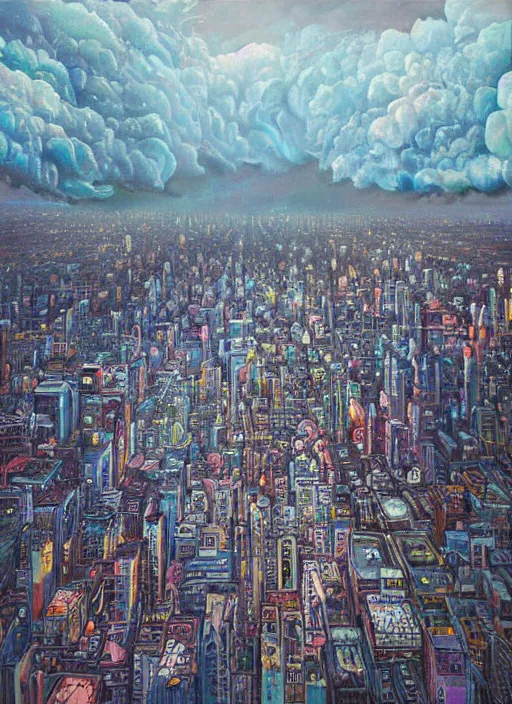 Prompt: a beautiful painting by oliver vernon of a glitched city behind clouds, realistic colors