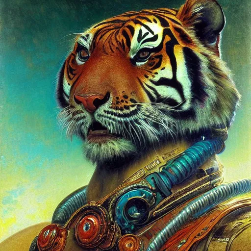 Prompt: highly detailed portrait of a tiger shaped mecha, painting by gaston bussiere, craig mullins, j. c. leyendecker, lights, art by ernst haeckel, john william godward, hammershøi, alex grey, psychedelic, dmt