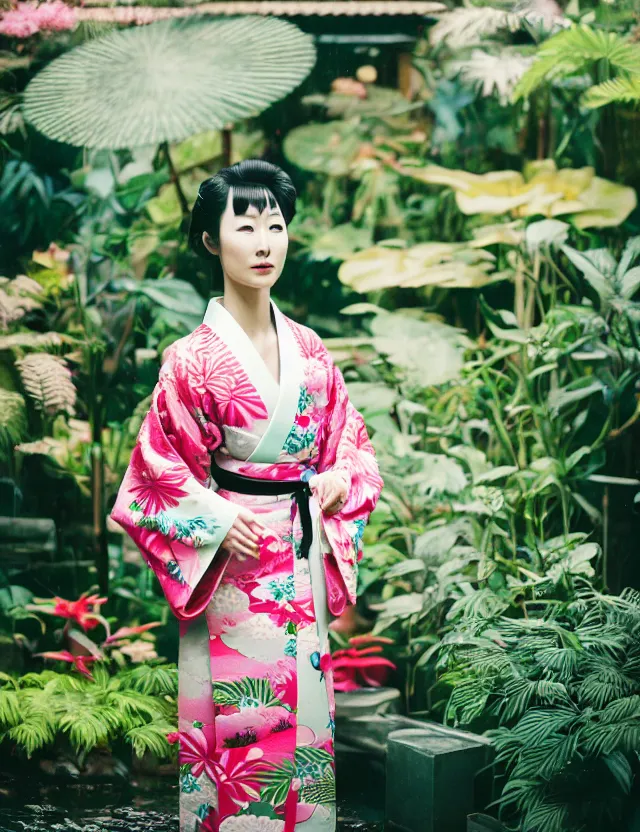 Image similar to photograph of a beautiful Japanese woman wearing a pretty kimono in a tropical greenhouse, by Annie Leibowiz, by Alessio Albi, extremely detailed, large format camera, Kodak Portra 400, 16K, bokeh, blurred background, photorealistic, flickr, getty, instagram