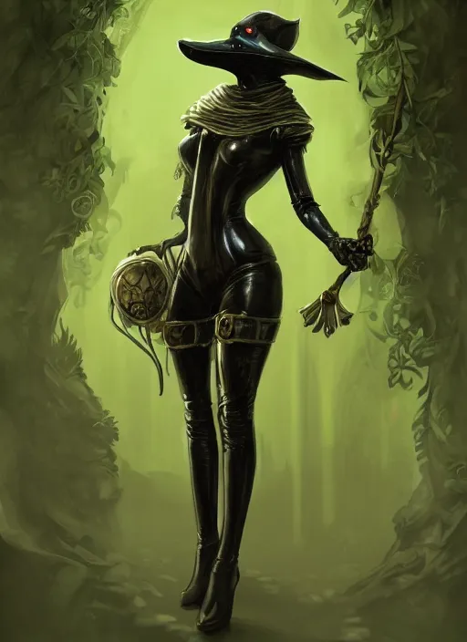 Image similar to a highly detailed illustration of plague doctor mask wearing woman, wearing latex revealing outfit, surrounded by green mist background, intricate, elegant, highly detailed, centered, digital painting, artstation, concept art, smooth, sharp focus, league of legends concept art, WLOP