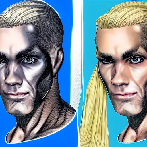 Image similar to hyper realistic portrait of superhero with blonde two sides hair and thin face lines