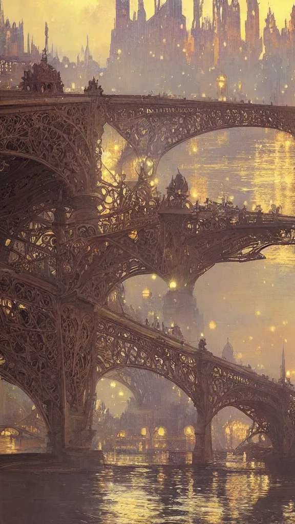 Image similar to a beautiful painting of the view from the river of a city of bridges and arches, with art nouveau architecture, at night with a sky full of stars, intricate, elegant, highly detailed, digital painting, artstation, concept art, by krenz cushart and artem demura and alphonse mucha