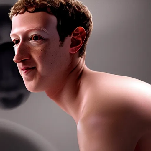 Image similar to mark zuckerberg awakening from his alien cryogenic chamber with slimy feeding tubes attached. science fiction movie.