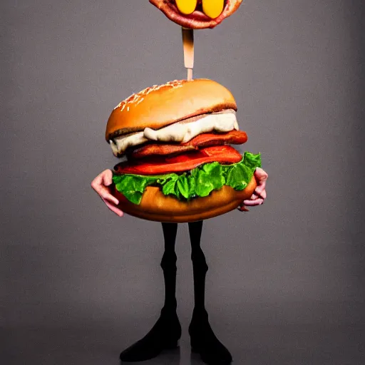 Image similar to a humanoid bipedal upright zombie that strongly resembles a hamburger, professional food photography