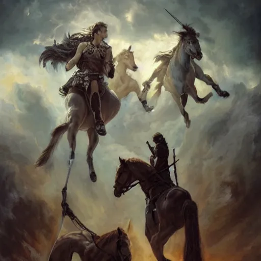 Prompt: four horsemen of the apocalypse, oil painting, by Fernanda Suarez and and Edgar Maxence and greg rutkowski