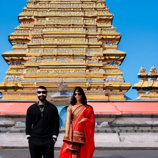 Prompt: drake posing for photo, hindu temple in background