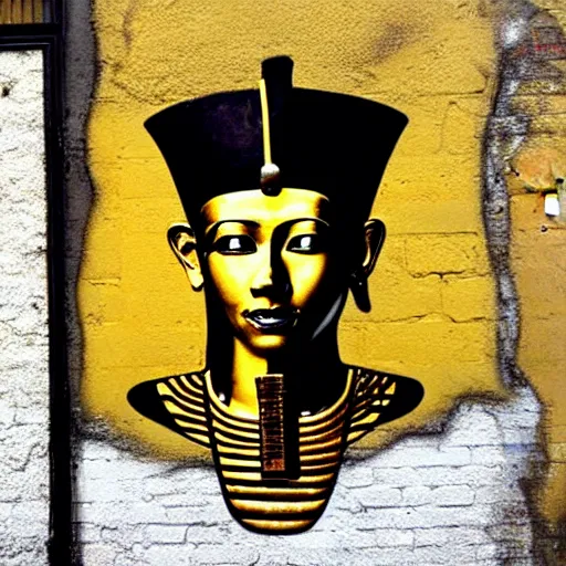 Image similar to a graffiti portrait of king tutankhamen, street art, highly detailed by banksy