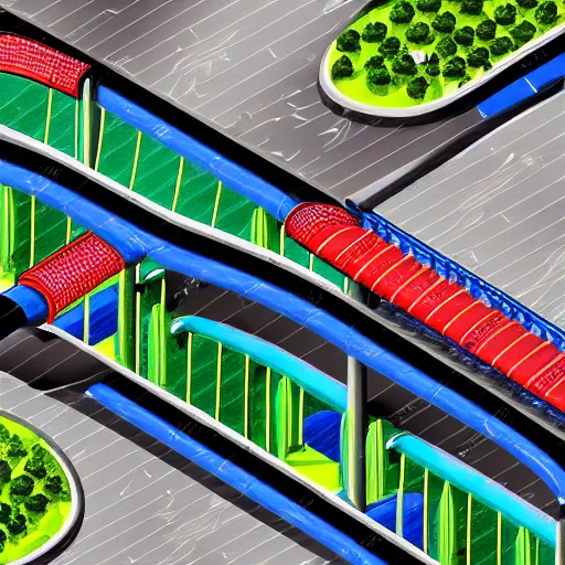 Image similar to isometric photo of cutely illustrated aqueducts waterslides and black matte conveyor belt rollers wide system are the main methods of transport in cannabis city cbd capital of australia