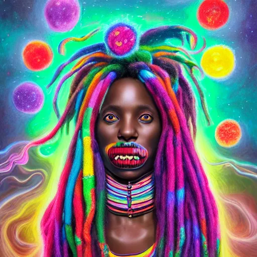 Image similar to a wide angle shot of a black girl with colorful dreadlocks in a field of candy, by Adi granov and afarin sajedi and amanda sage and evgeni gordiets and Agostino Arrivabene and adonna khare in a psychedelic portrait style, ultrarealistic matte painting, volumetric lighting, fractal, extremely symmetrical, highly detailed face, orisha, 8k, hd