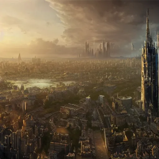 Prompt: an ultra detailed matte painting of the one impossibly tall ominous dark tower elevated high above the city, on an island in a river elevated high above the city fortress tower, fantasy capital city, ultrawide lense, aerial photography, volumetric lighting, exquisite detail, octane render, 8 k postprocessing, art by artgerm and greg rutkowski and alphonse mucha