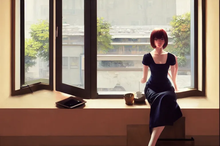 Image similar to A ultradetailed beautiful panting of a stylish woman sitting next to a window of a moders apartment, Oil painting, by Ilya Kuvshinov, Greg Rutkowski and Makoto Shinkai